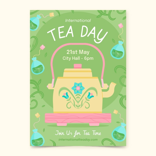 Platte verticale poster sjabloon voor internationale thee dag bewustzijn