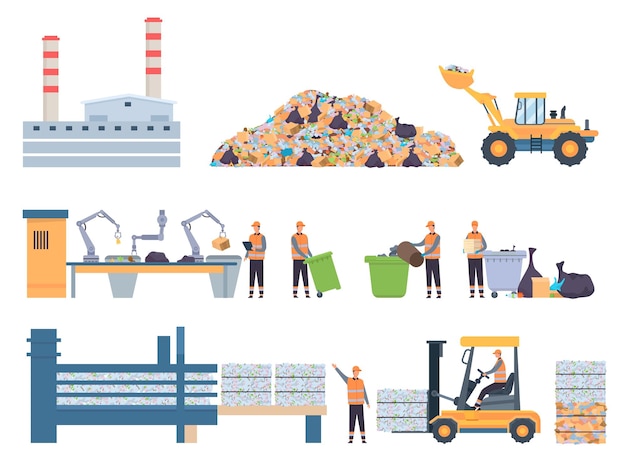 Platte vuilnis recycle fabrieksgebouw, dump en sorteer transportband. werknemers in de kunststofrecyclingindustrie. ecologie bescherming proces vector set. hergebruik en recycling van afval of afval,