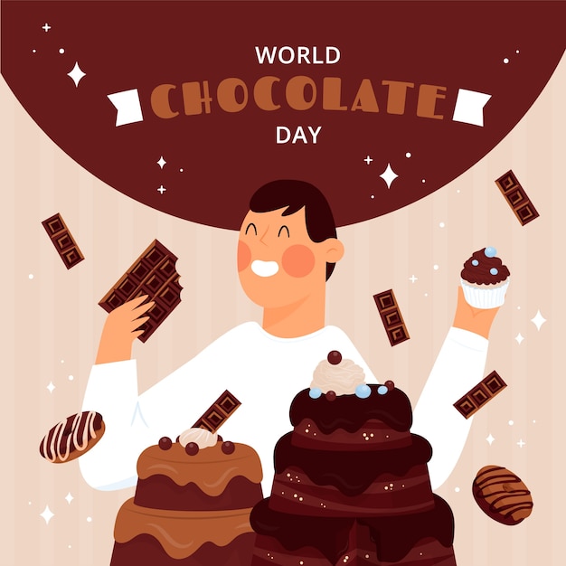 Vector platte wereld chocolade dag illustratie met persoon en cake