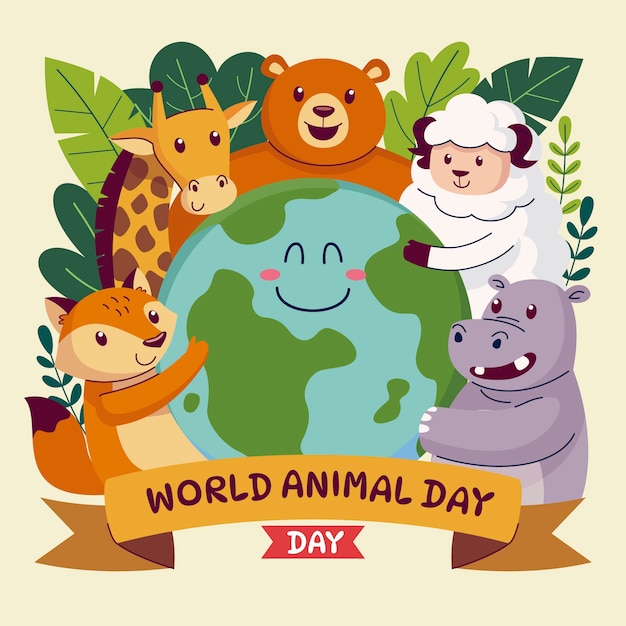 Platte wereld dierendag illustratie