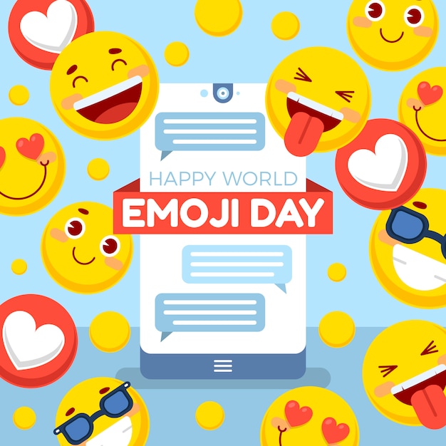 Platte wereld emoji dag illustratie met emoticons