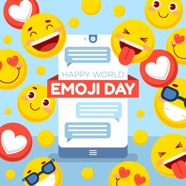 Vector platte wereld emoji dag illustratie met emoticons