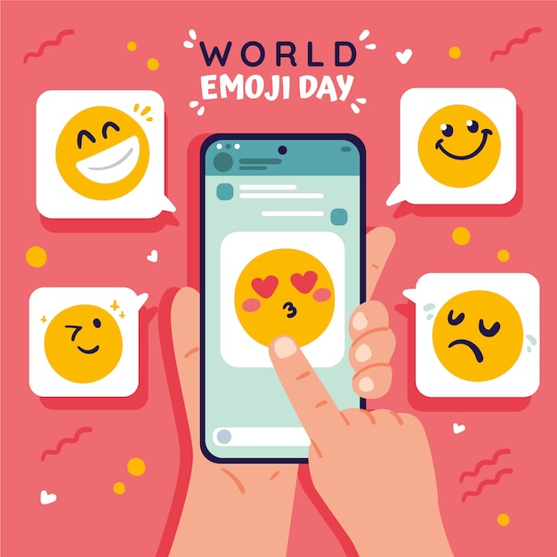 Vector platte wereld emoji dag illustratie met emoticons
