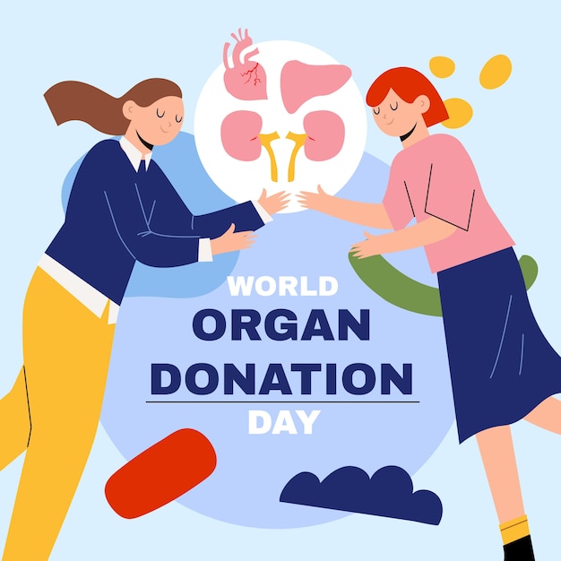 Platte wereld orgaandonatie dag illustratie met mensen die naar organen reiken