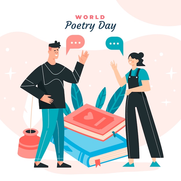 Platte wereld poëzie dag illustratie