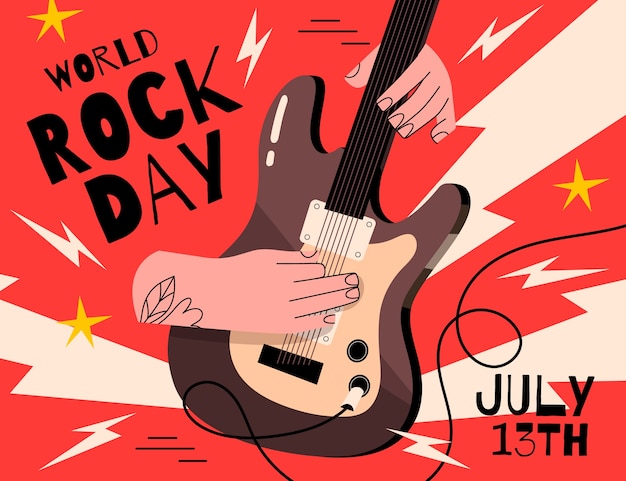 Platte wereld rock dag illustratie met handen gitaar spelen