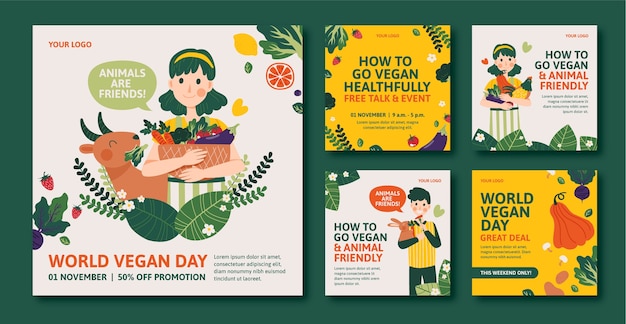 Vector platte wereld veganistische dag instagram posts collectie