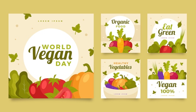 Vector platte wereld veganistische dag instagram posts collectie