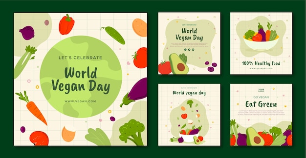 Vector platte wereld veganistische dag instagram posts collectie