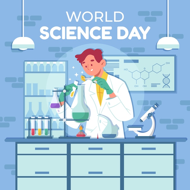 Platte wereld wetenschap dag illustratie
