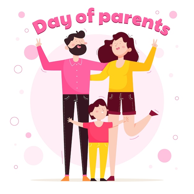 Vector platte wereldwijde dag van ouders illustratie met gelukkig gezin en kind