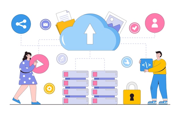 Platte zakelijke technologie bestand uploaden op cloud server opslag concept Overzicht ontwerp stijl minimale vectorillustratie