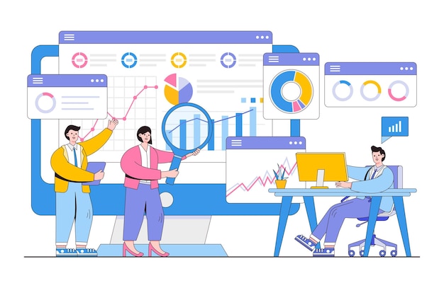 Platte zakenmensen analytics en monitoring Financiën rapport grafiek op monitor concept Overzicht ontwerp stijl minimale vectorillustratie