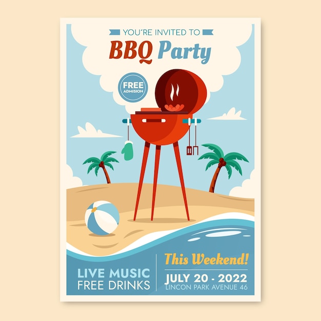 Vector platte zomer barbecue poster sjabloon met grill