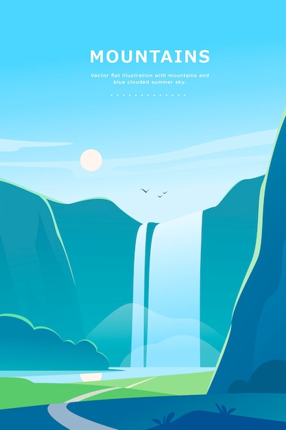 Vector platte zomer landschap illustratie met waterval, rivier, bergen, zon, bos op blauwe bewolkte hemel.