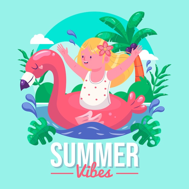 Vector platte zomerillustratie met jong meisje en flamingo