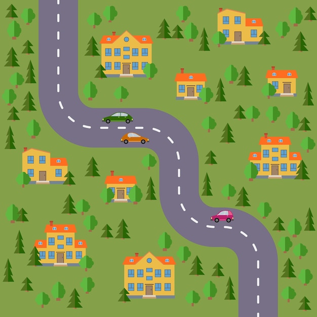Plattegrond dorp. landschap met de weg, bos, auto's en huizen. vector illustratie