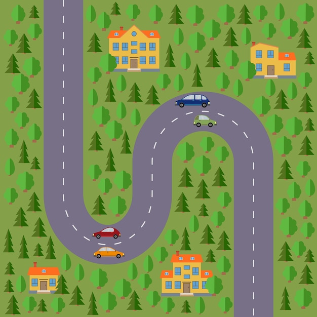 Plattegrond dorp. Landschap met de weg, bos, auto's en huizen. vector illustratie