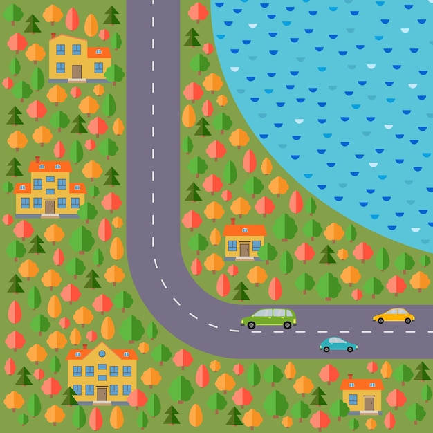Vector plattegrond dorp. landschap met de weg, bos, meer, drie auto's en vijf huizen. vector illustratie