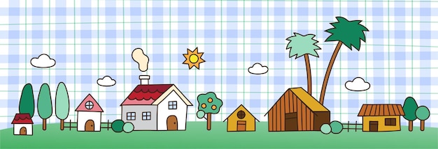 Platteland Landelijk Huisje Leuk Huis Pijnboom Palmboom Overzicht Platte Cartoon Illustratie Vector