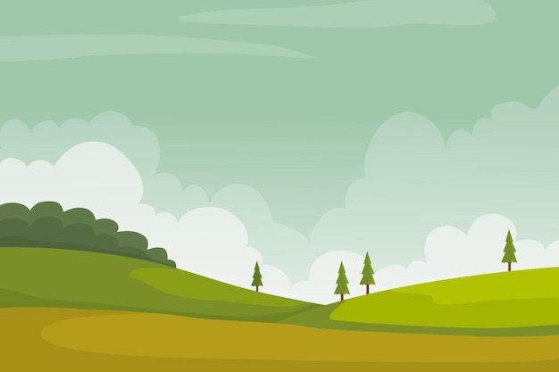 Vector platteland natuur veld landschap cartoon achtergrond met hemel weide groen gras boom heuvel weg