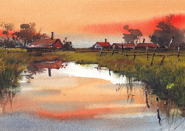 Plattelandslandschap met avondlicht aquarel handverf