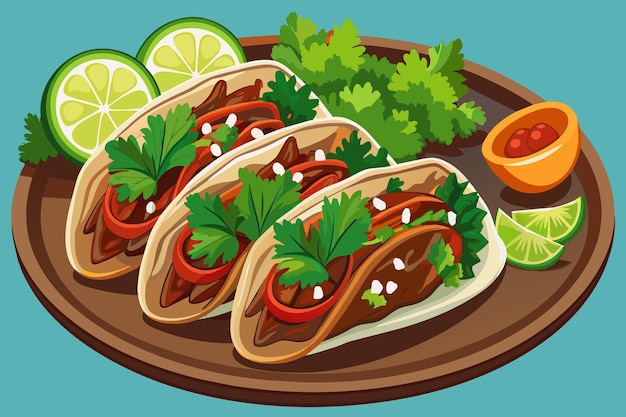 Vettore piatto di tacos alla barbacoa con cilantro e cipolle fresche