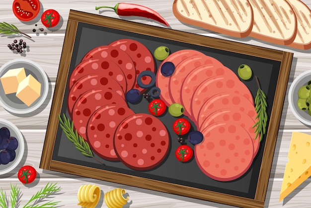 Vector platter of pepperoni and salami on the wooden table background