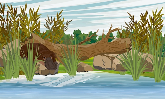 Vettore l'ornitorino va in acqua sulla riva del lago specie endemica dell'australia e della tasmania