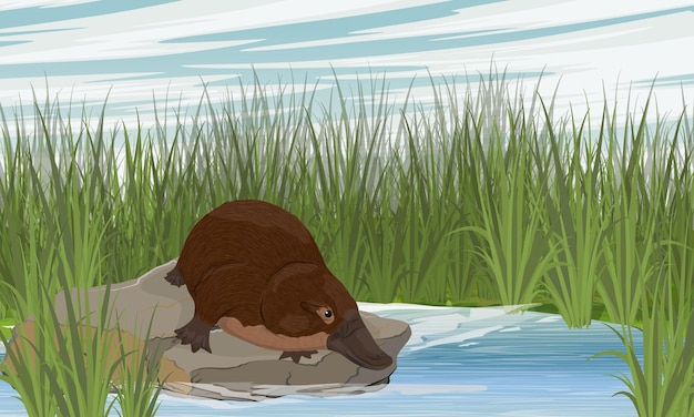 Vector the platypus sits on a stone on the shore of a lake tall green coastal grass endemic species