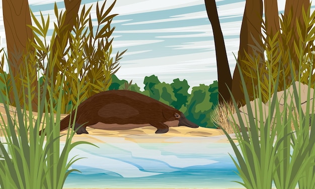 Vettore l'ornitorino cammina lungo la riva sabbiosa di un fiume in boschetti di piante specie endemiche