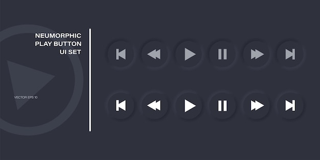 Vector play button icon set in modern neumorphism style; neomorphic vector music and media control symbol collection.