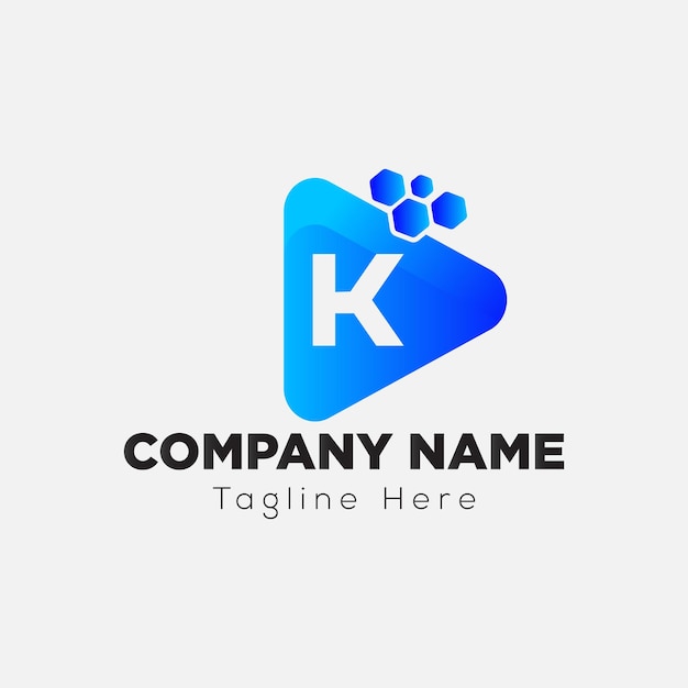 Vector play button logo on letter k template. play icon on k letter, initial play sign concept