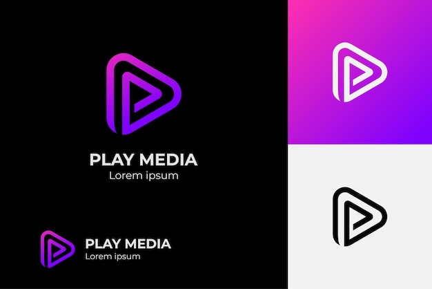 Pulsante di riproduzione per il design del logo dell'app multimediale con il logo della linea iniziale della lettera p logo dell'app del servizio di streaming elemento di design dell'icona del lettore multimediale per il logo dell'editor audio e video del segno di inizio di musica e film