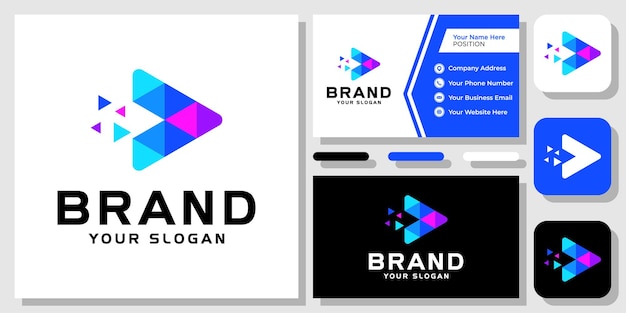 Pulsante di riproduzione triangolo colorato tecnologia digitale video media logo design con modello di biglietto da visita