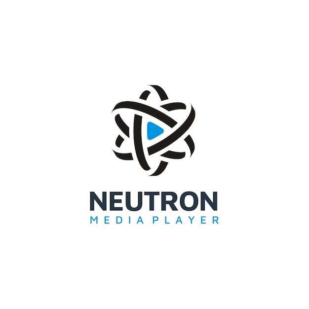 과학 미디어 플레이어 앱 아이콘 로고 디자인을 위한 Atom Nucleus가 있는 재생 버튼