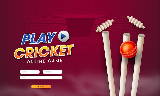 Gioca al concetto di gioco online di cricket con una palla realistica che colpisce il moncone del wicket sullo sfondo della vista dello stadio di claret