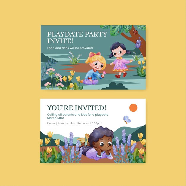 Play date card template with children enjoy in springwatercolor stylexa