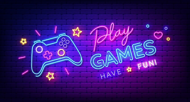 Premium Vector  Play games have fun neon sign with game pad bright  signboard light banner game logo neon emblem vector illustration