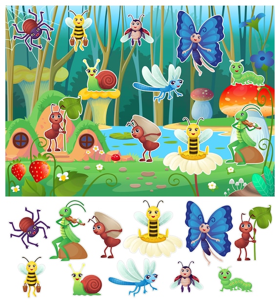 Set da gioco per bambini insetti nella foresta insetti adesivi dei cartoni animati gioca con il tuo bambino