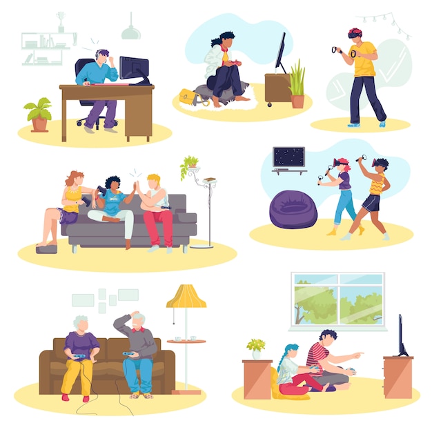 Vector play video games at home, leisure, gamers set of  illustrations. kids, eldery couple, friends playing joystick, at computer, console and vr glasses, tv controller. entertainment and gaming.