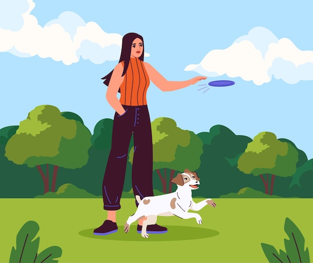 Вектор Играйте с собакой на открытом воздухе концепция женщина с щенком в городском парке в солнечный день молодая девушка бросает синий