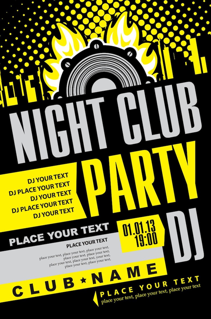 Vector playbill for music party with speaker over city