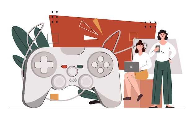 Vector player game concept gamer with equipment women and young girls with gamepad and joystick remote