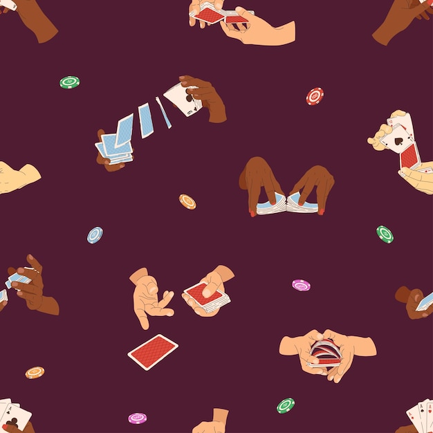 Vector player hands seamless pattern vector illustration of playing chips and cards magician illustrations for gambling industry