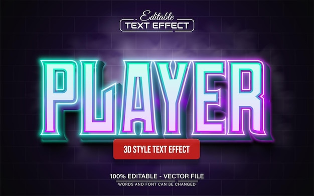 Vector player neon glowing 3d text effect editable