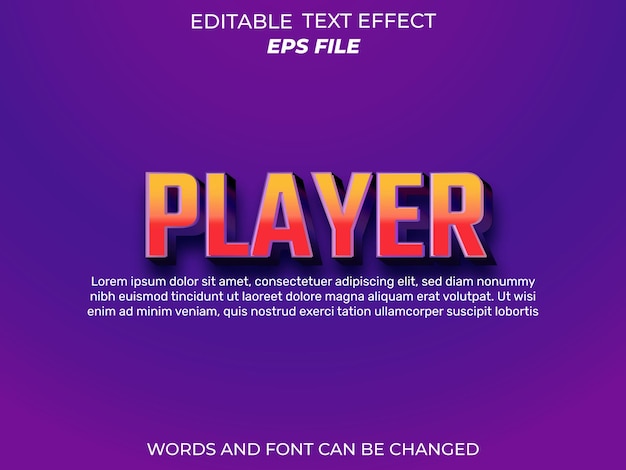 Вектор Текстовый эффект игрока 3d редактируемый текстовый векторный шаблон