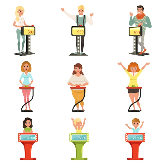 Players answering questions standing at stand with buttons illustrations on a white background