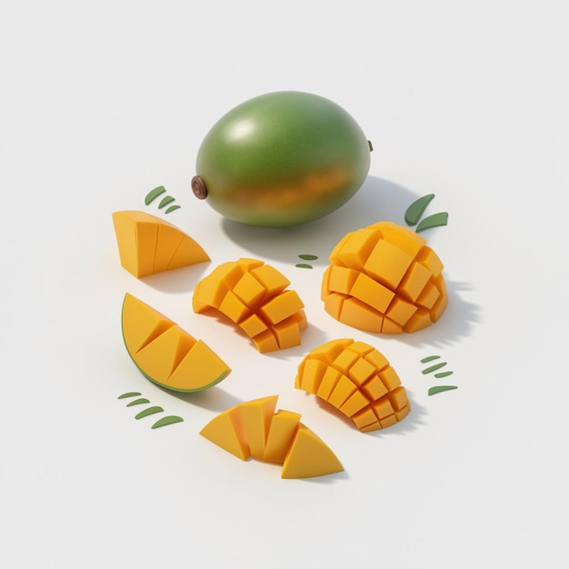 Vector playful 3d render illustration of a whole mango and cut pieces