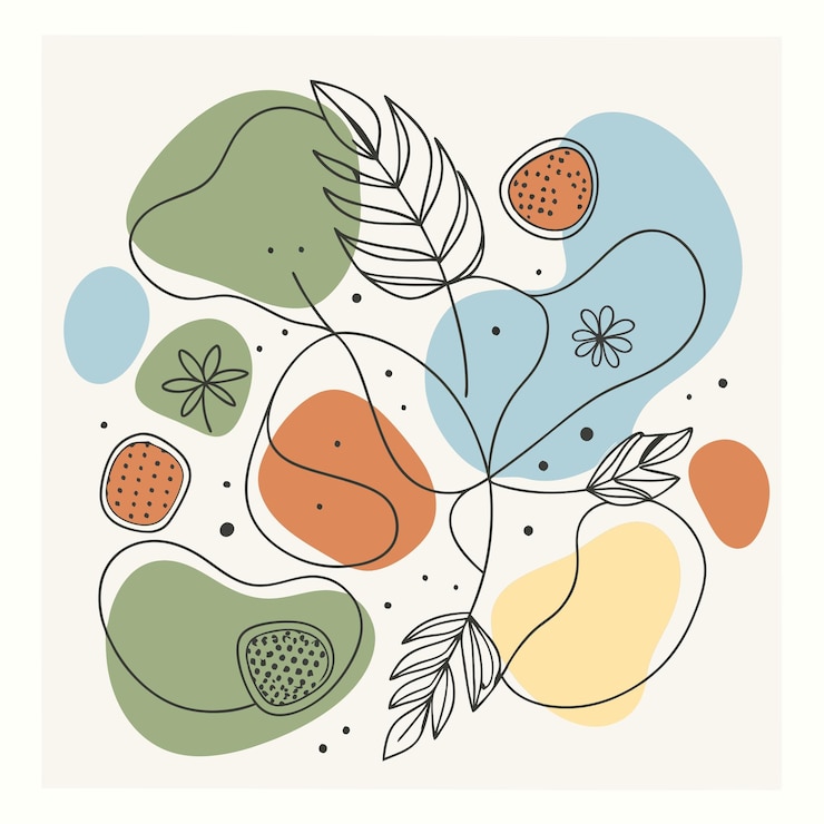 Vector playful abstract floral design with line art and colorful shapes